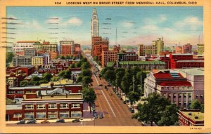 Ohio Columbus Looking West On Broad Street From Memorial Hall 1950 Curteich