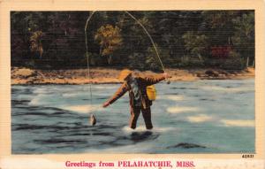 PELAHATCHIE MISSISSIPPI GREETINGS MAY FISHING POSTCARD c1940s