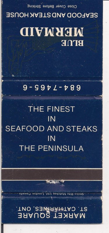 Matchbook Cover ! Blue Mermaid Seafood & Steak, St. Catharines, Ontario !