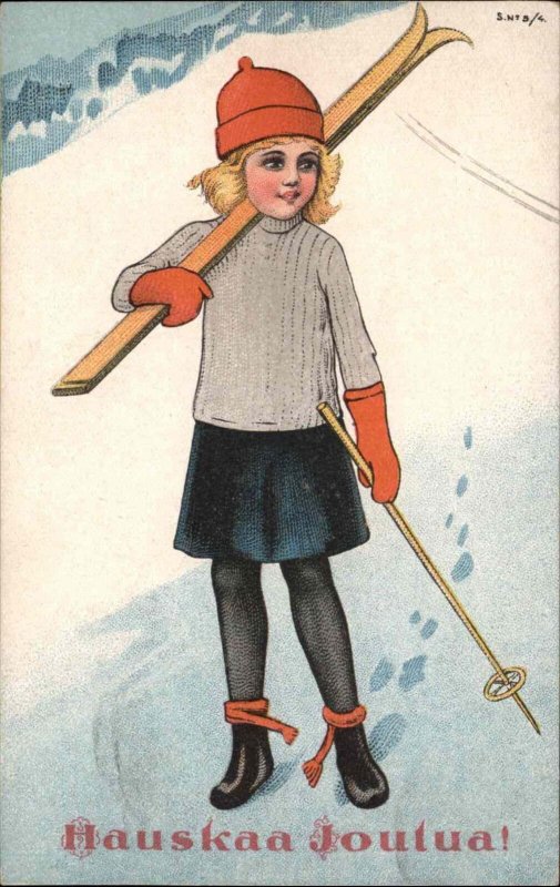 Hauskaa Joulua Finnish Christmas Little Girl Skiing Vintage Postcard