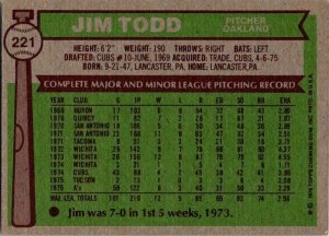 1976 Topps Baseball Card Jim Todd Oakland Athletics sk13393