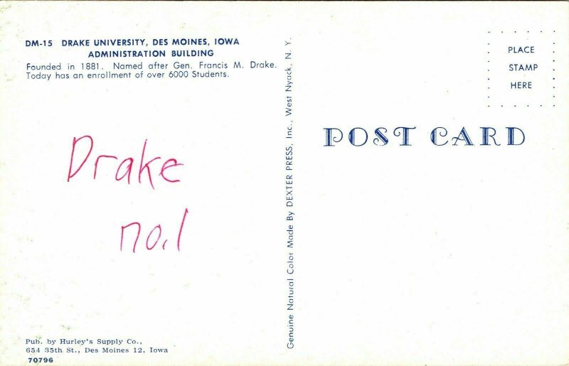 Drake University Des Moines Iowa IA Admin Building Postcard Dexter VTG UNP WOB  