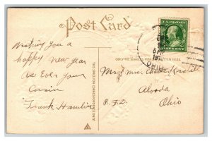 Vintage Early 1900's Postcard Yuletide Blessings Embossed Mistletoe Sailboat
