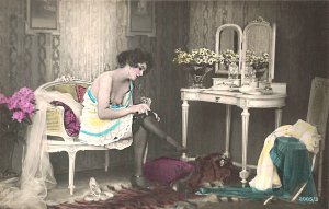 Beautiful Woman Getting Ready, Hand Tinted Real Photo Postcard.