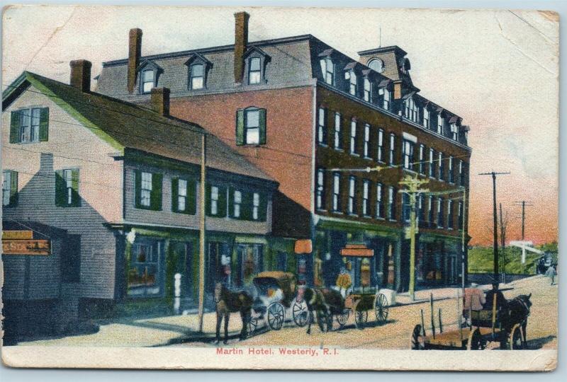 Postcard RI Westerly Martin Hotel 1909 Street View Horse Buggies Rhode Island Q6