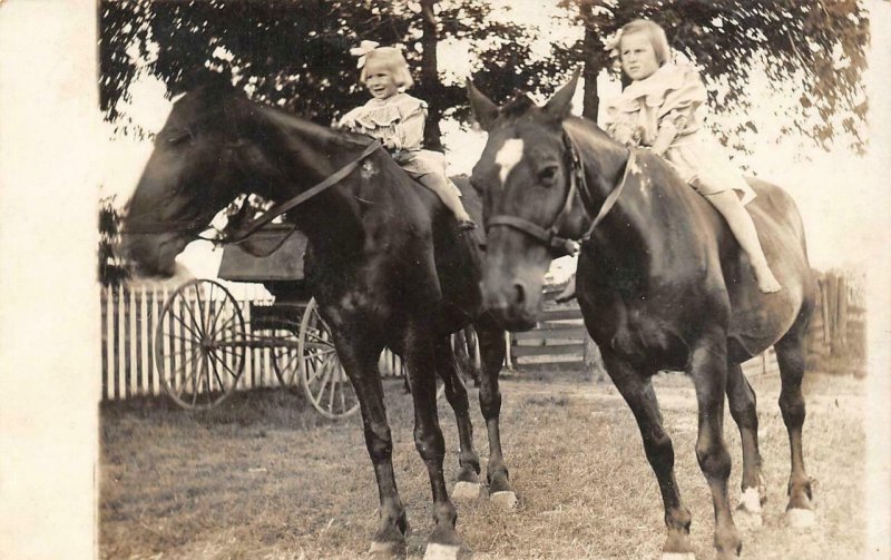 RPPC, Real Photo  LITTLE GIRLS In DRESSES BAREBACK On HORSES   c1910's Postcard