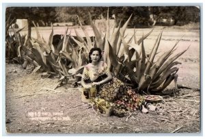 1944 Beautiful Woman Aloe Vera Plant Tinted Monterrey Mexico RPPC Photo Postcard 