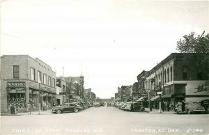 SD, Yankton, South Dakota, Third Street,, Rexall Drugs, 1940's Cars, RPPC