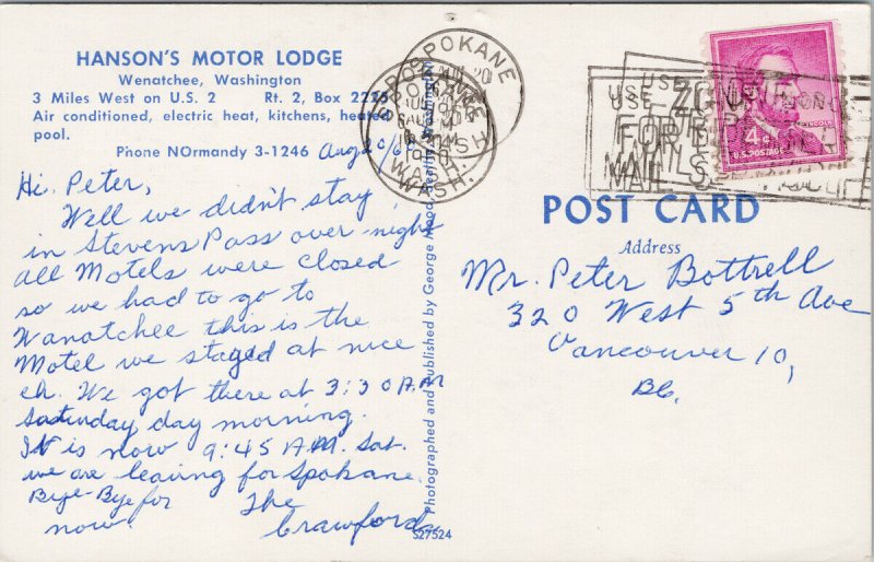 Wenatchee WA Hanson's Motor Lodge 1960s Postcard G55 *as is