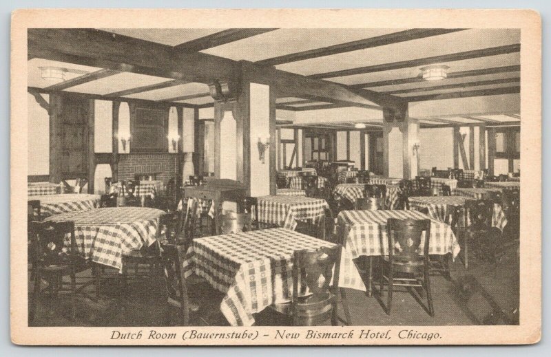 Chicago Illinois~New Bismarck Hotel~Dutch Room~Checkered Tablecloths~1930s 