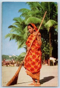 India Postcard Sweeper Woman Greetings from the Orient Long Broom c1950's