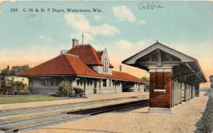 J27/ Watertown Wisconsin Postcard c1910 CM&STP Railroad Depot 173