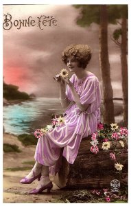 RPPC Postcard Colorized Bonne Fete Pretty Woman Pink Dress Flowers