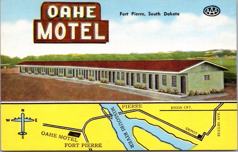 Linen Postcard Oahe Motel and Map of Fort Pierre, South Dakota