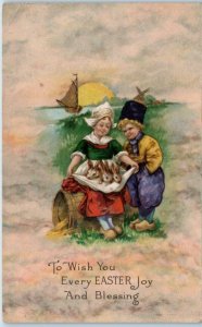 EASTER GREETING ~   c1910s  Postcard ~ Cute  DUTCH KIDS with BUNNIES