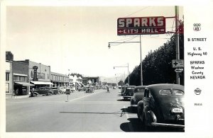 Postcard RPPC 1940s Nevada Sparks Washoe B Street Autos City Hall NV24-2567