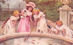 Vintage GIRLS In BONNETS With DOGS Scooping FISH From FOUNTAIN ca1910's Postcard