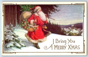 Christmas Postcard Santa Claus Sack Of Toys Holly Berries Basket Winter Scene
