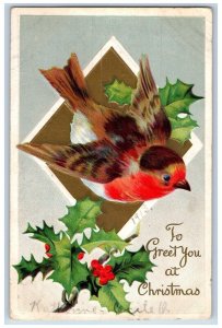 Grinnell Iowa IA Postcard Christmas Holly Berries Bird Embossed 1913 Antique