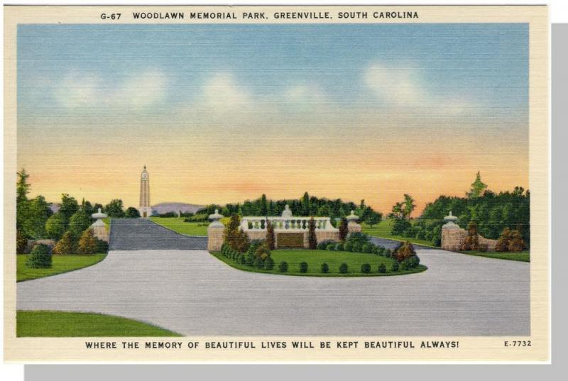 Greenville, SC Postcard, Woodlawn Memorial Park, Near Mint!