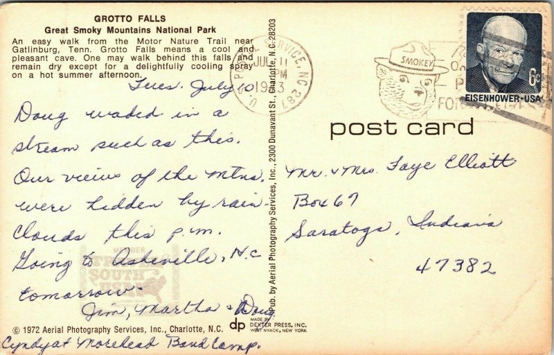 Grotto Falls Great Smoky Mountains Postcard Cancel PM WOB Note Dexter VTG  