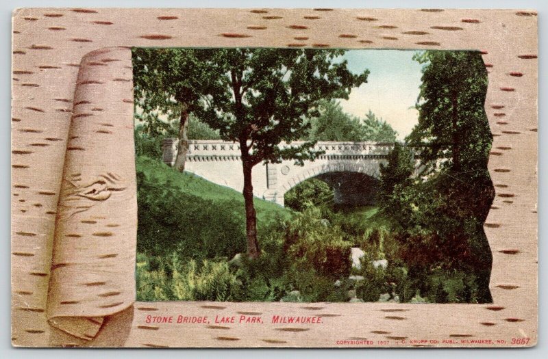 Milwaukee Wisconsin~Birch-Tree Bark~Lake Park~Stone Arch Bridge~1907 Postcard 