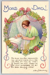 Swedish Artist Hildur Soderberg~Mors Dag~Mothers Day~New Mother & Baby In Wreath
