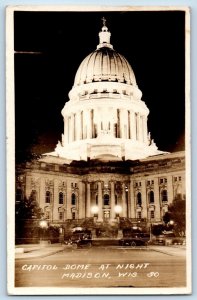 Madison Wisconsin WI Postcard RPPC Photo Capitol Dome At Night Cars c1940's