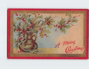 Postcard A Merry Christmas with Hollies Vase Embossed Art Print