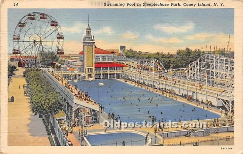 Swimming Pool in Steeplechase Park Coney Island, NY, USA Amusement Park Posta...