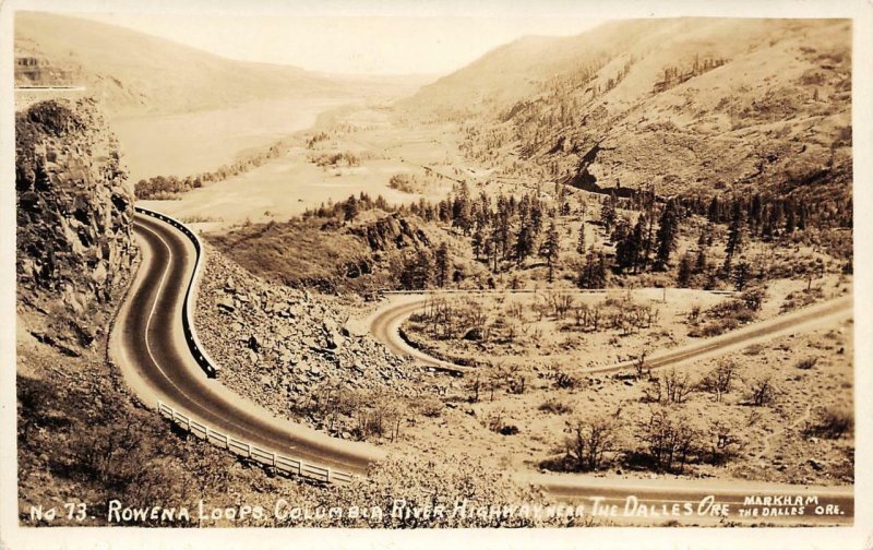 RPPC Rowena Loops, Columbia River Highway, Dalles, Rufus, OR ca 1930s Postcard