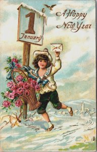 Happy New Year People Boy With A Letter Vintage Postcard C084