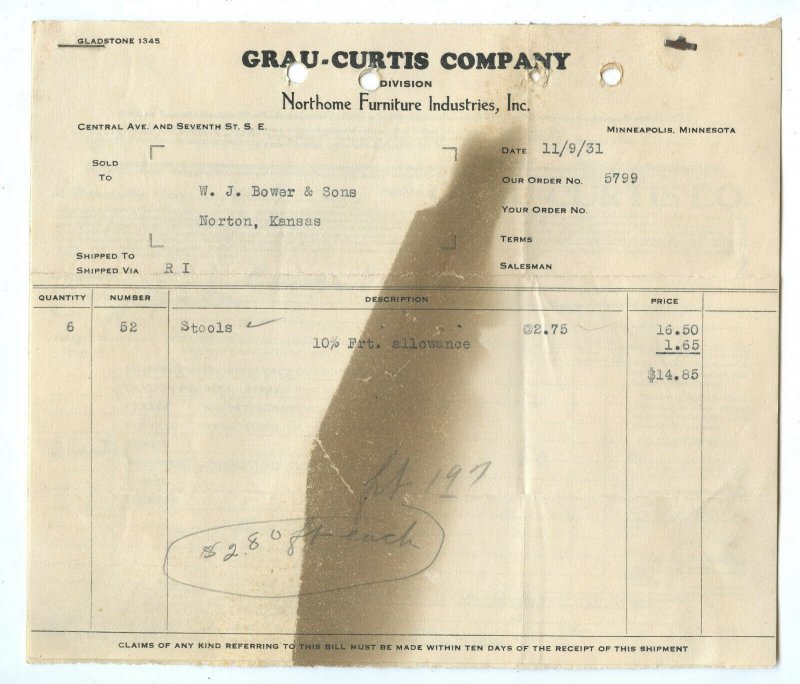 Grau-Curtis Company Minneapolis Minnesota Vintage 11/9/31 Invoice 