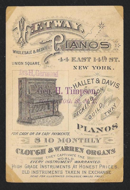 VICTORIAN TRADE CARD Tway Pianos Kids Playing w/Chair