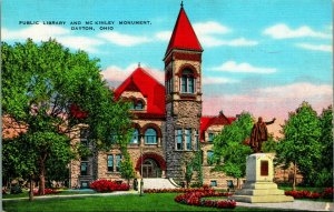 Public Library and McKinley Monument Dayton Ohio OH UNP Linen Postcard B8