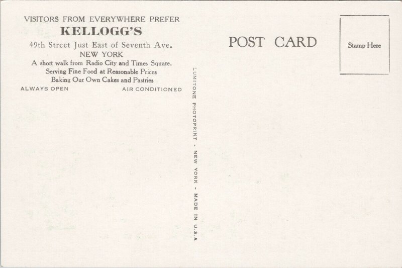 Kellogg's Cafeteria New York NY Unused Advertising Postcard F81