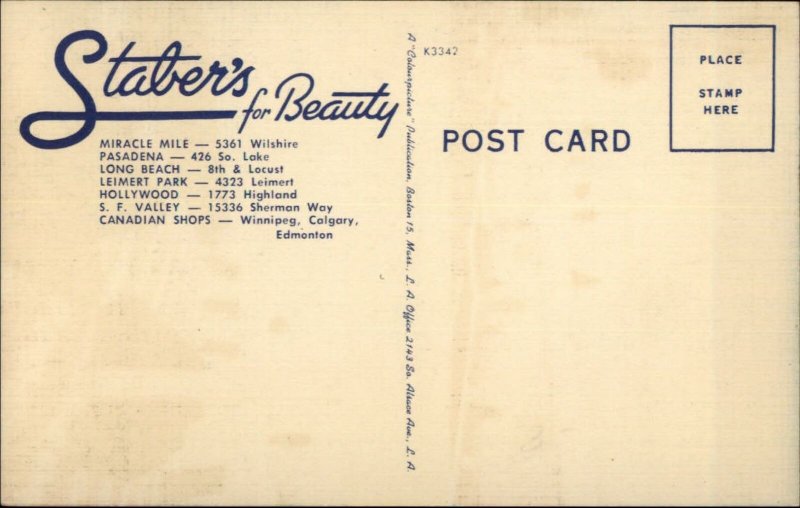 Van Nuys CA Staber's Beauty Salon LINEN ADVERTISING Postcard EXC COND