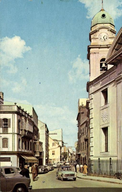 gibraltar, Main Street with Roman Catholic Church, Cars (1968)