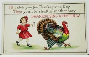 Thanksgiving Girl Chasing Turkey with Salt Shaker Emb James E. Pitts Postcard J1