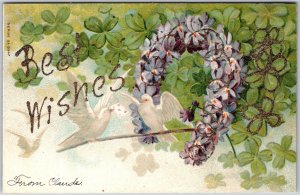 Best Wishes, White Doves with Envelope, Purple Floral Wreath & Clover, Postcard