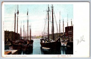 Sailing Ships, Market Slip, High Tide, Antique Saint John New Brunswick Postcard