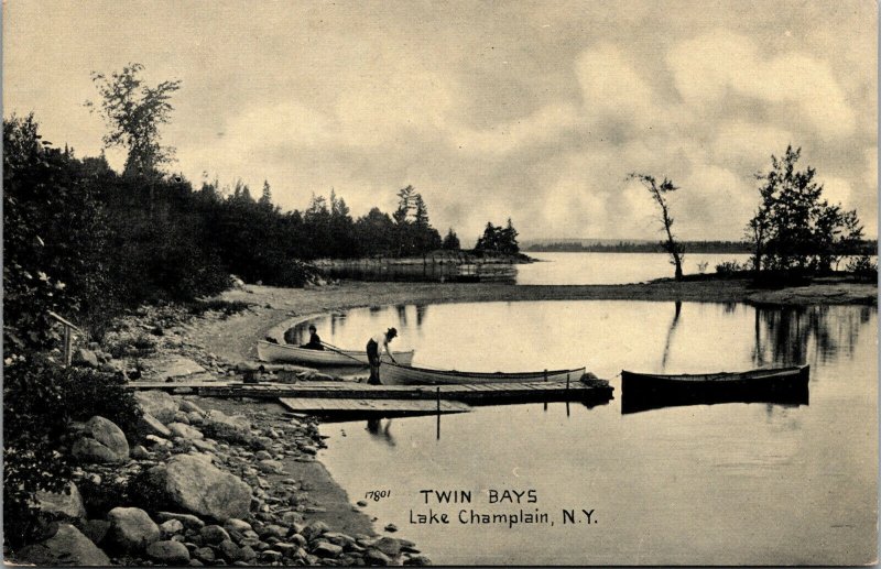 Vtg 1910s Twin Bays Dock Canoes Valcour Island Lake Champlain NY Postcard