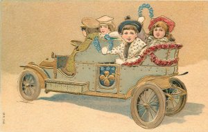 Postcard C-1910 Early automobile Children greeting embossed 23-3787
