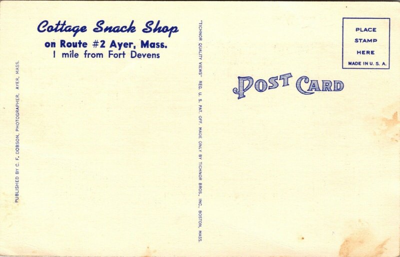 Linen Postcard Cottage Snack Shop on Route #2 in Ayer, Massachusetts~136635