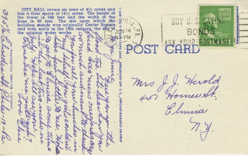 City Hall Philadelphia PA Penn Buy US Savings Bonds Stamped c1946 Postcard E1