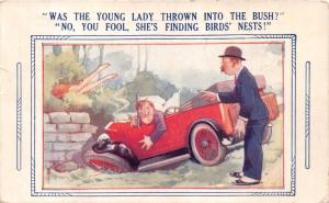 AUTO ACCIDENT~WOMAN IN BUSHES~BAMFORTH #1531 COMIC AUTOMOBILE POSTCARD c1930