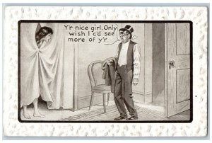 Risque Humor Postcard Drunk Man Y'r Nice Girl Only Wish I C'd See More Of Y'r