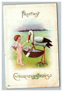 Vintage 1915 Postcard Cupid Hands Note to Stork Holding Basket with Baby CUTE