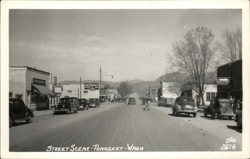 Tonasket WA Street Scene ELLIS Real Photo Postcard WOODIE CAR AUTO