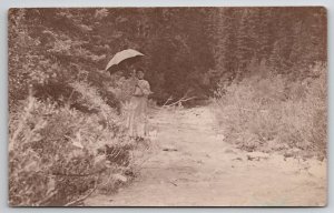 RPPC Edwardian Woman with Umbrella on Dirt Path Rose Watt  Photo Postcard J24